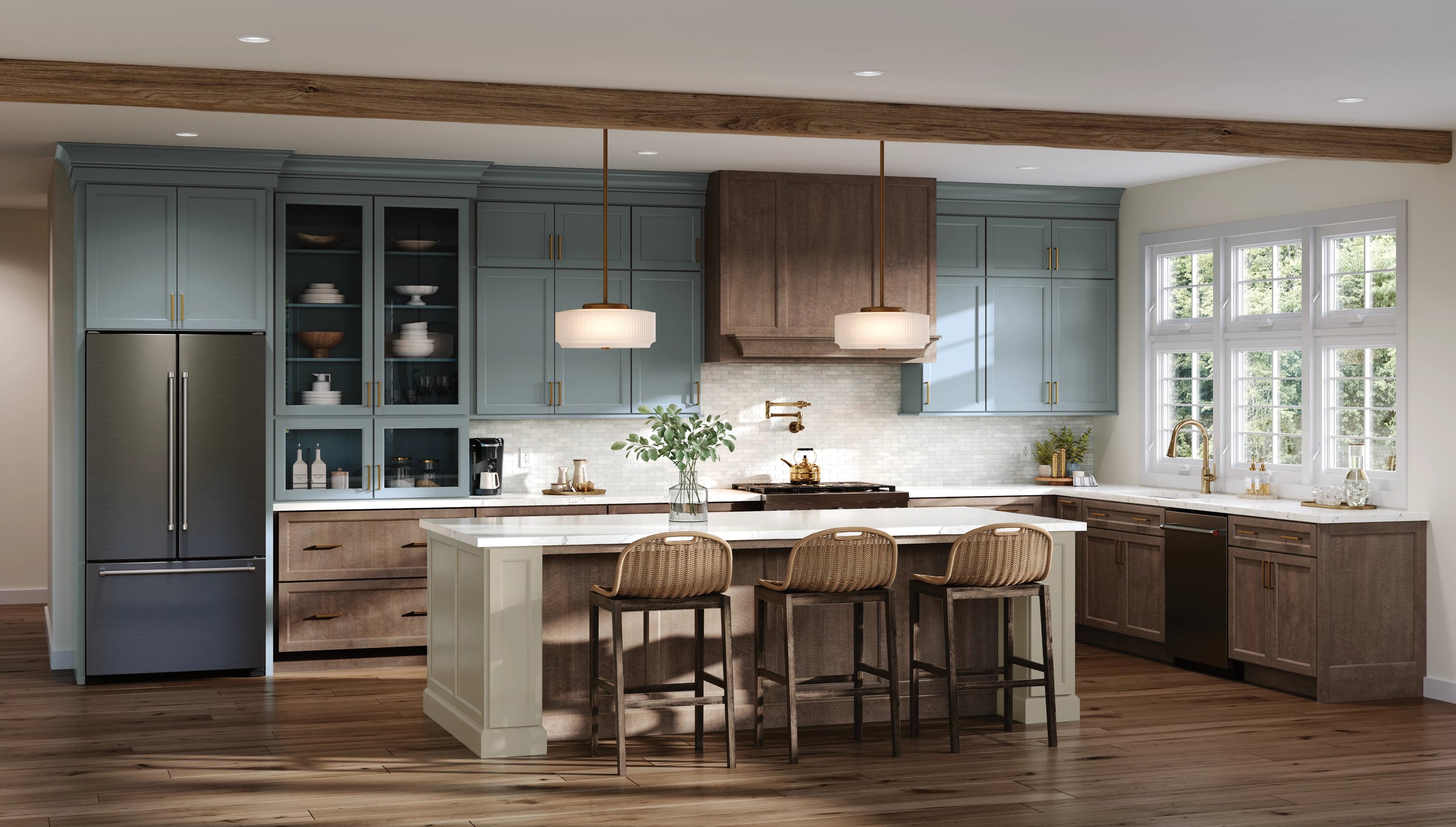 KraftMaid framed kitchen cabinets featuring flat and recessed-panel doors in Maple, Oak, and EverCore with Baltic, Blue Tide, and Vanilla Smoke finishes.
