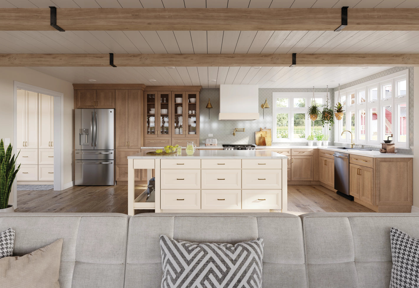 KraftMaid Shepparton kitchen cabinets featuring Quartersawn Oak in Wicker and Maple in Cottage, with full-overlay recessed-panel doors.
