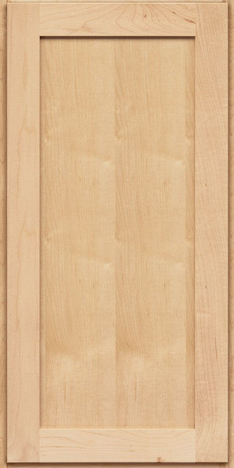 A single light natural wood cabinet door panel with a recessed center panel and straight outer frame, shown against a matching wood background.