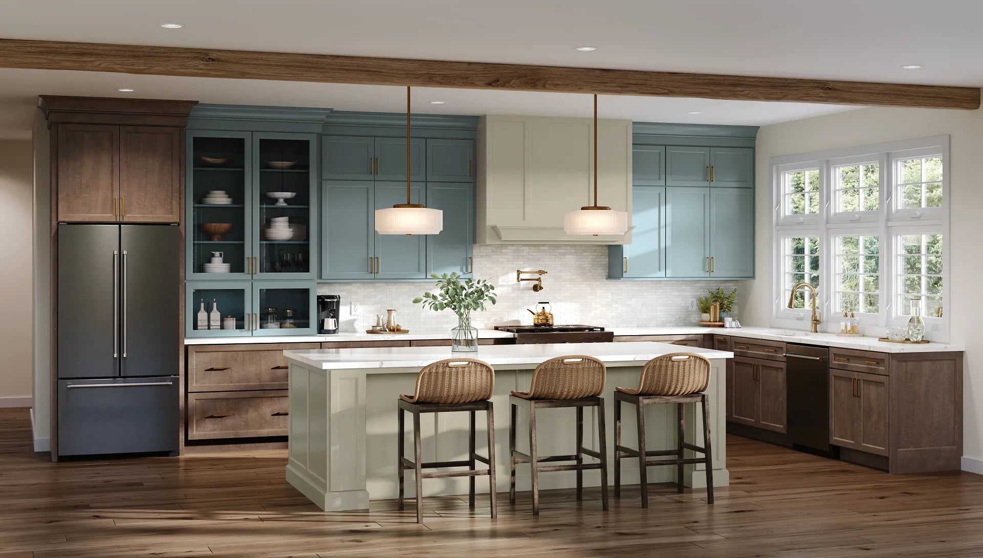 Blue custom kitchen cabinets with white island and natural wood lower cabinets by Pandora Kitchens in Maryland and Virginia