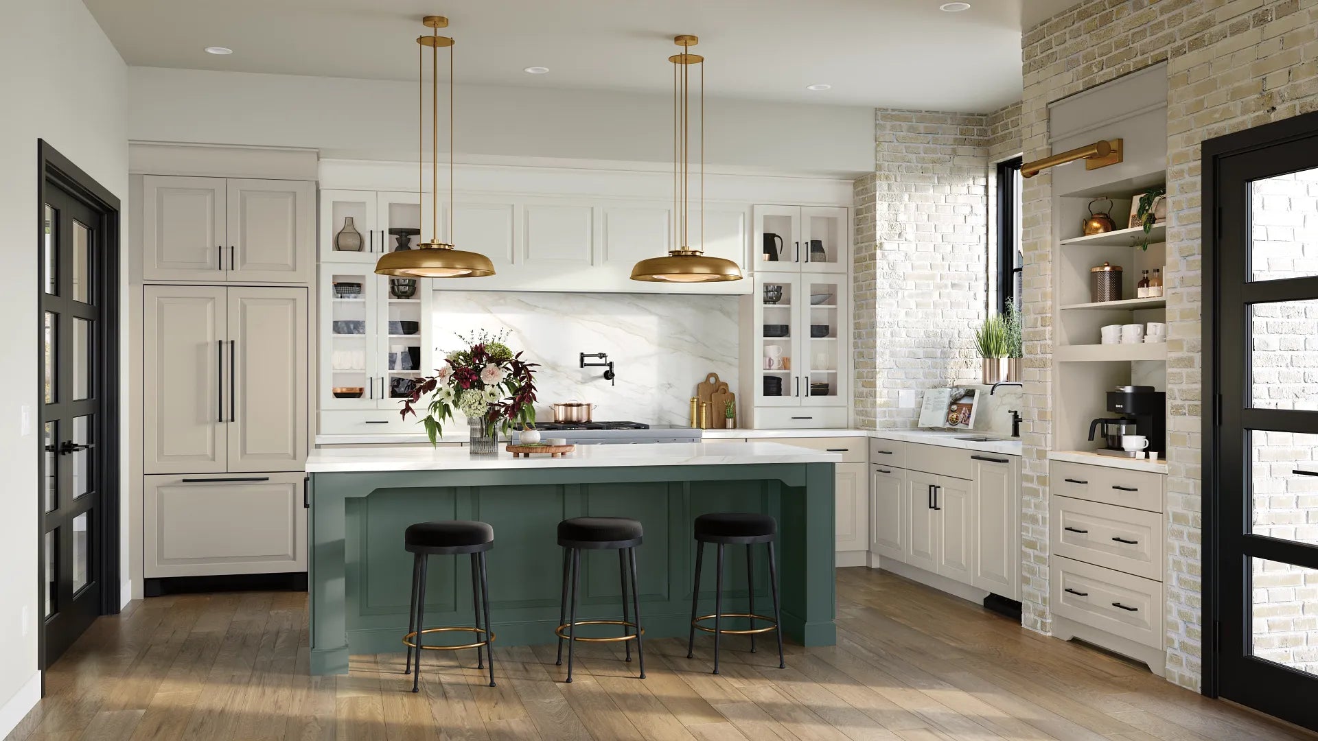Custom white shaker kitchen cabinets with green island and built-in storage by Pandora Kitchens