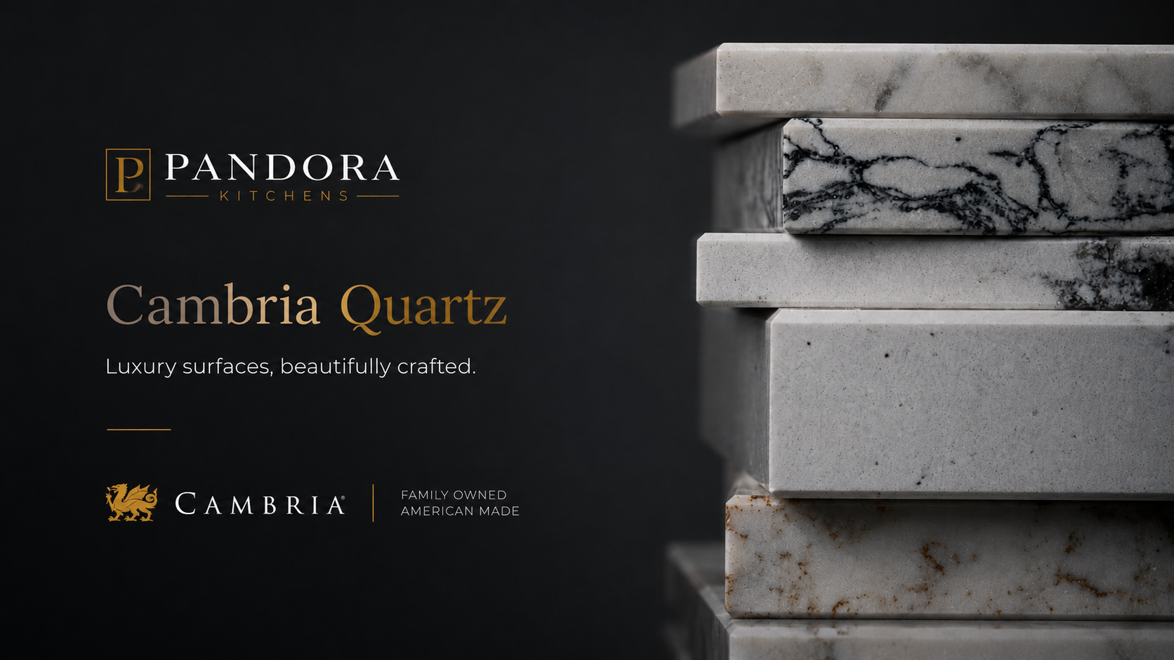 Pandora Kitchens Cambria quartz countertop samples featuring premium marble-inspired designs